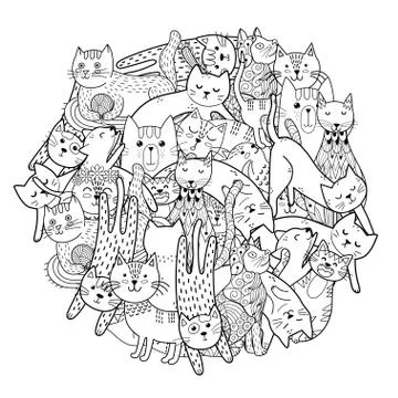 Circle shape print with funny cats. Coloring page with feline characters Stock Illustration