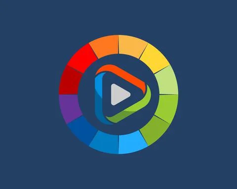 Circle shape with rainbow colors and media play button inside Illustrazione stock
