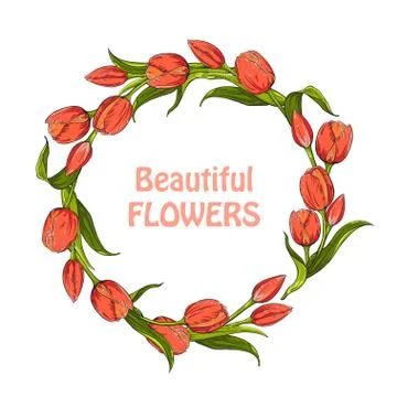 Circle shape of red tulips flowers on white background, template for your design Illustrazione stock