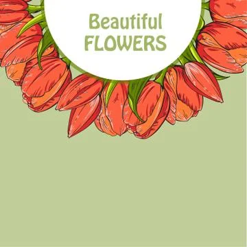 Circle shape of red tulips flowers on green background, template for your design Stock Illustration