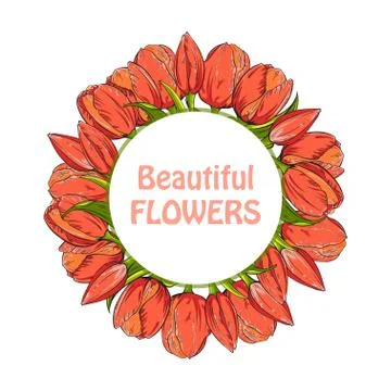 Circle shape of red tulips flowers on white background, template for your design Stock Illustration