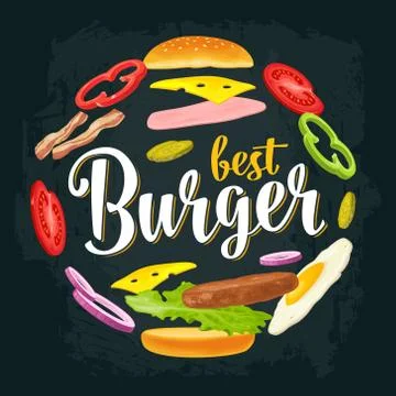 Circle shape set with flying ingredients. Best Burger handwriting lettering. イラスト素材