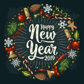 Circle shape set for Merry Christmas. Vector vintage color engraving Stock Illustration
