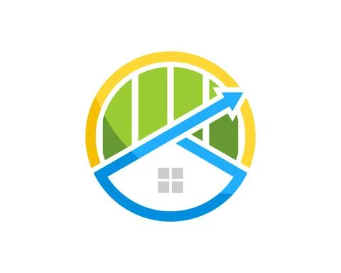 Circle shape with simple house and arrow with chart bar inside Ilustración de archivo