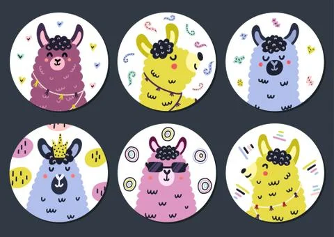 Circle shape stickers set with cute llama for kids. Funny prints collection with Stock Illustration
