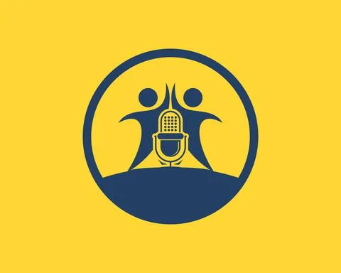 Circle shape with two man and podcast microphone inside Illustrazione stock