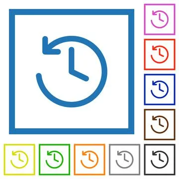 Circle shaped backward arrow and clock flat framed icons Stock Illustration