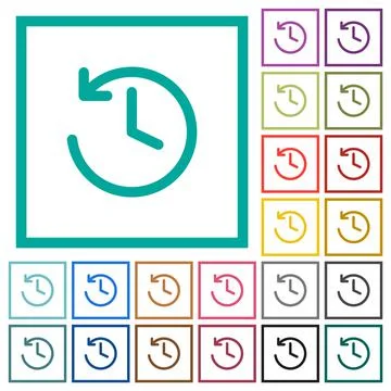 Circle shaped backward arrow and clock flat color icons with quadrant frames Stock Illustration