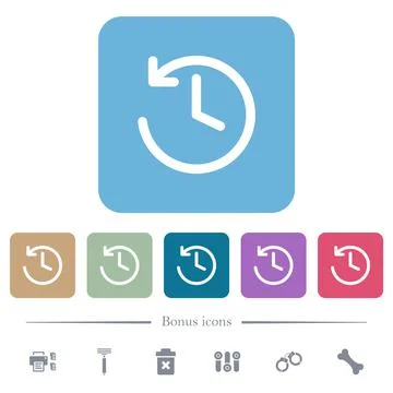 Circle shaped backward arrow and clock white flat icons on color rounded squa Illustrazione stock