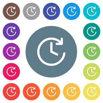 Circle shaped forward arrow and clock flat white icons on round color backgro 스톡 일러스트