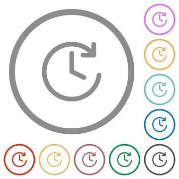 Circle shaped forward arrow and clock flat icons with outlines Illustrazione stock