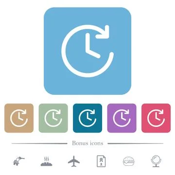 Circle shaped forward arrow and clock white flat icons on color rounded squar Illustrazione stock