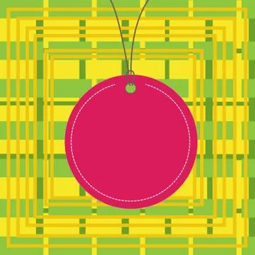 Circle shaped label attached by black string on the top. Colorful background Illustrazione stock