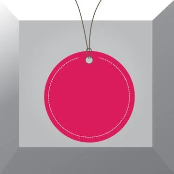 Circle shaped label attached by black string on the top. Colorful background Illustrazione stock