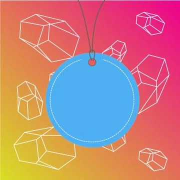 Circle shaped label attached by black string on the top. Colorful background Illustrazione stock