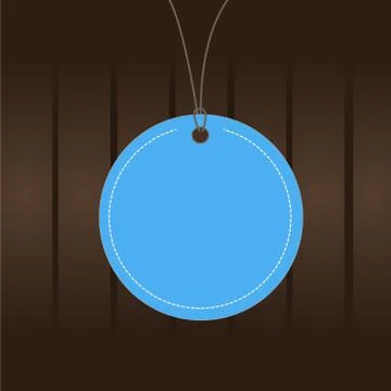 Circle shaped label attached by black string on the top. Colorful background Illustrazione stock