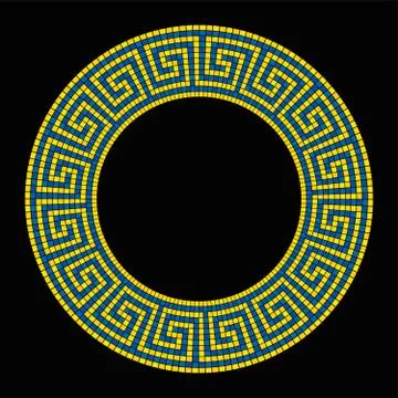 Circle shaped meander mosaic, frame in yellow and blue Stock Illustration