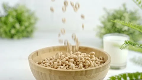 Circle shaped whole grain cereal falling into wooden bowl Stock-Footage 234641697