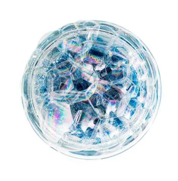 A circle of soap bubbles from blue shower gel on a white background. Stock Photos