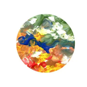 Circle with spots of yellow, red, blue, green, white background. Acrylic brush Stock Illustration