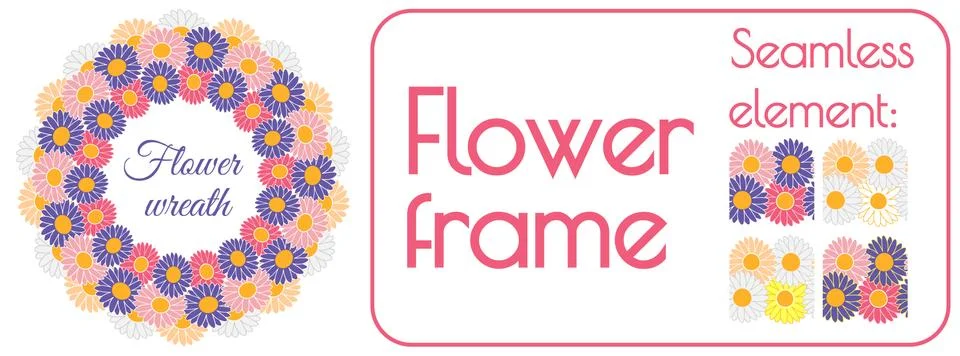 Circle spring wreath of gerberas and daisies PLUS seamless brush element that Stock Illustration