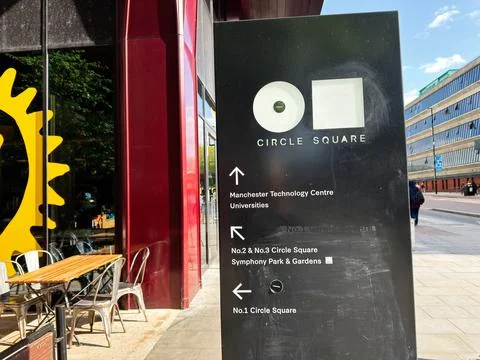 Circle Square directional sign outside cafe at Manchester, UK pointing to M.. Stock Photos