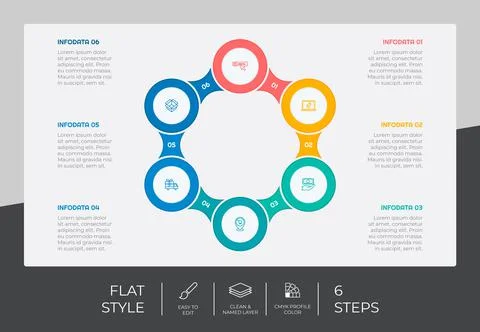 Circle step infographic vector design with 6 steps &amp; colorful style for prese Stock Illustration