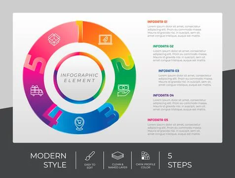 Circle step infographic vector design with 5 options &amp; modern style for prese Stock Illustration