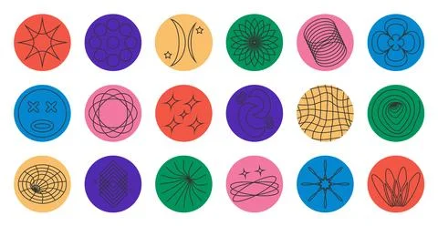 Circle sticker pack. Shapes in trendy retro 90s cartoon style. Vector illustr Stock Illustration