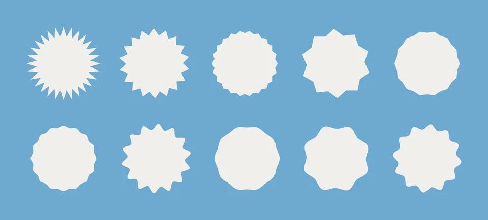 Circle sticker set. Wavy edge promo badges in color Cloud Dancer. Star burst Illustrazione stock