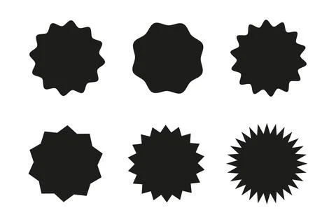 Circle sticker simple set. Black badges wavy edge promo. Star burst shapes Stock Illustration