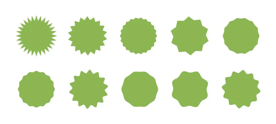 Circle sticker. Star burst shape tags for price set. Wavy edge promo green Illustrazione stock