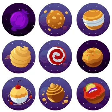 Circle stickers collection with candy planets flat vector illustration isolated. Stock Illustration
