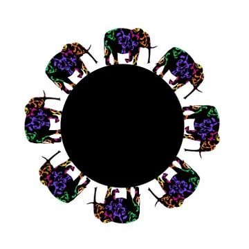 Circle with stylized patterned elephants in Indian style. Illustrazione stock