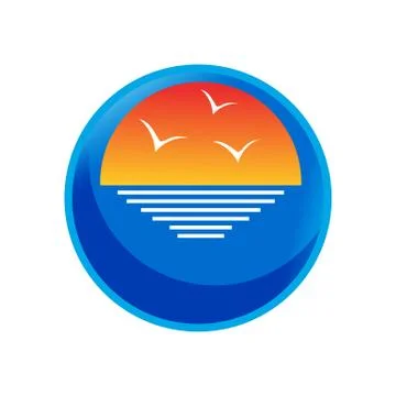 Circle sunset logo design vector of yellow sun and blue sea waves illustratio Stock Illustration