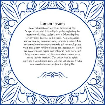 Circle text frame with folklore blue decor in azulejo style, leaflet in design Stock Illustration