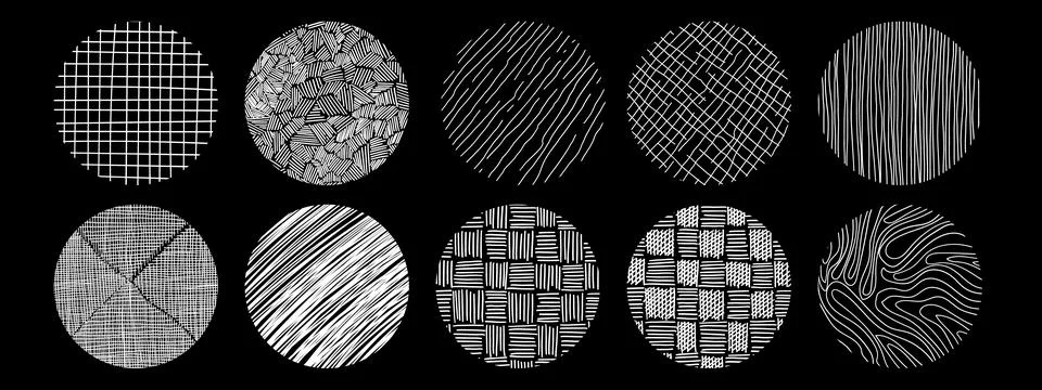 Circle textures with different hand drawn patterns. Crosshatch, wood, rain, s イラスト素材