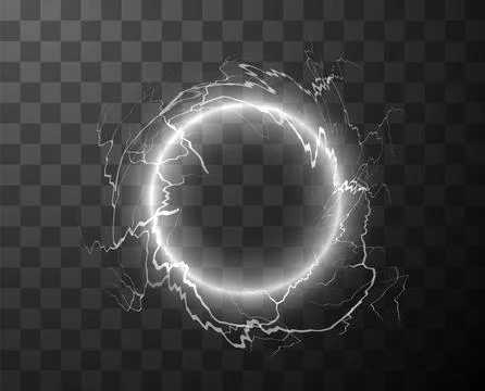 Circle thunderbolt white bolt lightning effect, vector magical ring portal with Stock Illustration