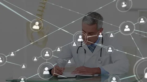 Circle user icon appearing, network growing across clinic as doctor writing Stock Footage 333005037