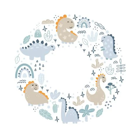 Circle Vector frame with dinosaurs and hand lettering dino with place for your Stock Illustration
