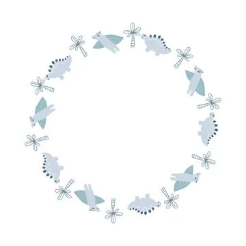 Circle Vector frame wreath with dinosaurs and palms. Hand drawn dino with place Stock Illustration