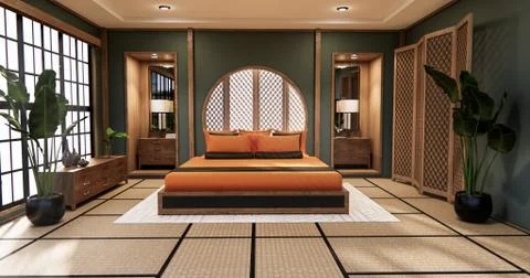 The Circle wall design on Dark bedroom japanese deisgn with tatami mat floor. Stock Illustration