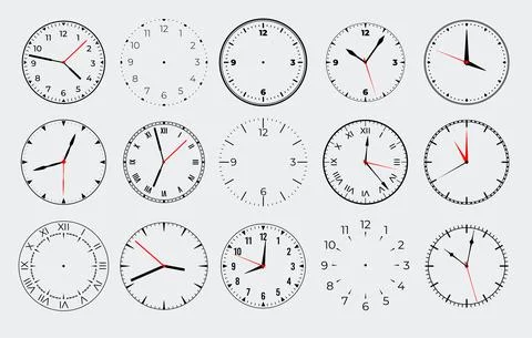 Circle watch face. Clock with marks numbers and arrows. Vector isolated set Stock Illustration