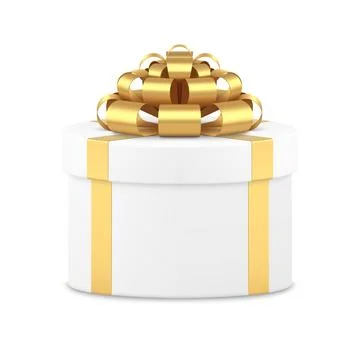 Circle white gift box decorated by golden bow ribbon vector illustration Ilustración de archivo
