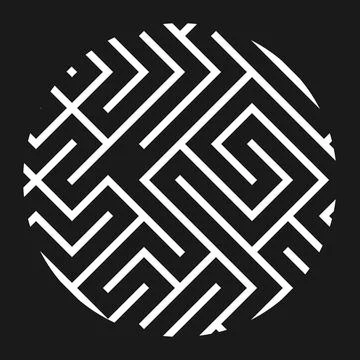Circle White Thin Line Maze Pattern on Black Color Background Stock Illustration