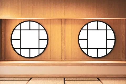 Circle window design on Empty room white on tatami floor japanese interior de Stock Illustration