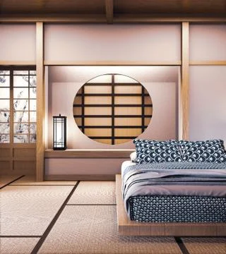 Circle window japanese wall design on bedroom japanese style.3D rendering Stock Illustration