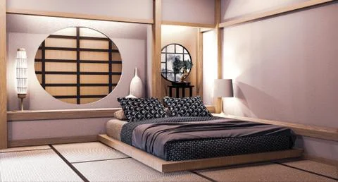 Circle window japanese wall design on bedroom japanese style.3D rendering Stock Illustration