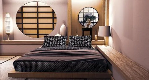 Circle window japanese wall design on bedroom japanese style.3D rendering Stock Illustration