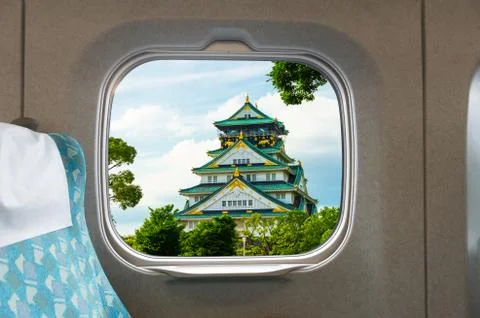 Circle windows with Osaka Castle Stock Photos